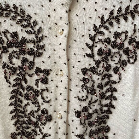 New NOS NWT Vintage 50s Beaded Pearl Button Cardigan Ivory Brown Wool S 40 - Picture 5 of 10